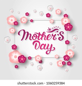 Happy Mother's Day hand drawn  lettering in frame with flowers. Greeting card with flowers in pink tones. Vector illustration, template for Happy Mother's day, greeting card, web, postcard