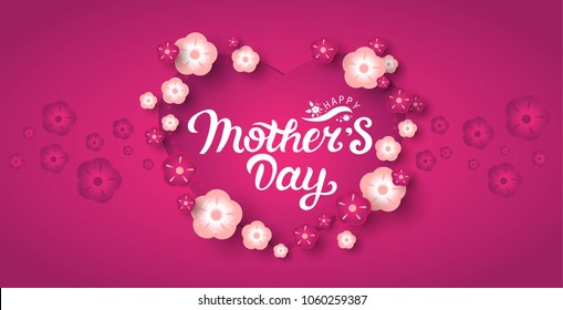 Happy Mother's Day hand drawn  lettering in frame with flowers. Greeting card with flowers in pink tones. Vector illustration, template for Happy Mother's day, greeting card, web, postcard