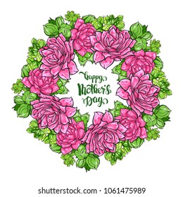 Happy Mothers Day hand drawn illustration flowers, brunches and buds, vector illustration isolated on white background in circle