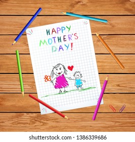 Happy Mothers Day  Hand Drawn Illustration of Mother Hold Hands with Son on Checkered Notebook Sheet or Graphing Paper on Wooden Table with Colored Pencils. Kindergarten Kids Greeting Card, Vector
