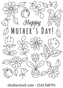 Happy Mother's day! Hand drawn coloring pages for kids and adults. Beautiful drawings with patterns and details. Spring coloring book pictures with blooming branches, flowers, smile, stickers, quotes