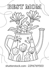 Happy Mother's day! Hand drawn coloring pages for kids and adults. Beautiful drawings with patterns and details. Spring coloring book pictures with blooming branches, flowers, smile, stickers, quotes	