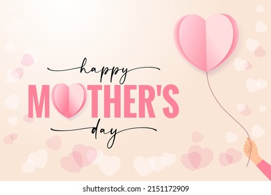 Happy Mothers day hand with flying origami paper heart. Vector illustration