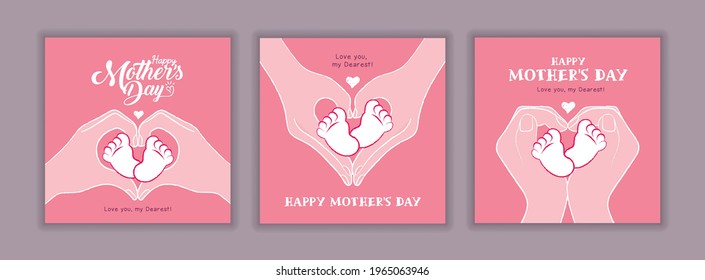 Happy mother's day. Mother's hand holding newborn baby feet on pink background. Cartoon heart shaped adult hands with little child's foot. Motherhood child care concept.