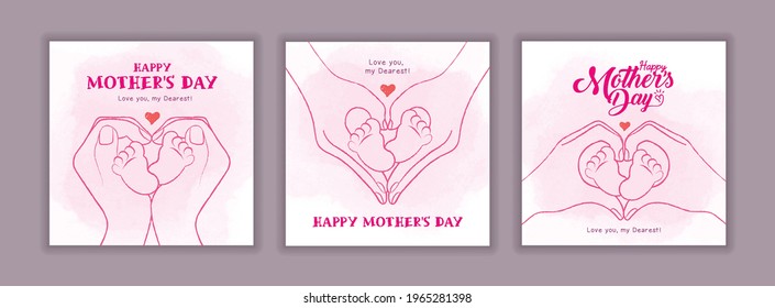 Happy mother's day. Mother's hand holding newborn baby feet in line art style on pink watercolor background. Cartoon heart shaped adult hands with little child's foot. Motherhood, childbirth concept.