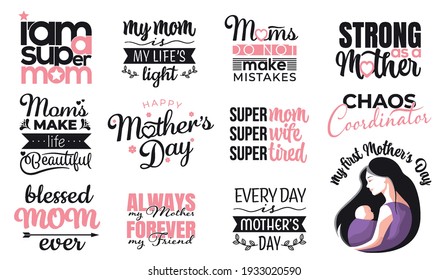 Happy Mother's Day hand lettering set for greeting cards, posters. Vector calligraphy illustrations collection