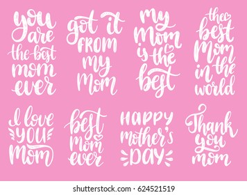 Happy Mother's Day hand lettering set for greeting cards, posters. Vector calligraphy illustrations collection: I Love You, Thank You Mom etc.