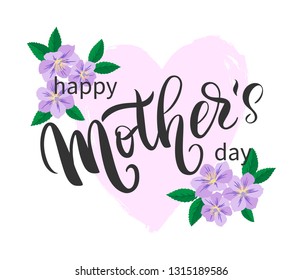 Happy Mother's day. Hand written ink lettering with heart and flower. Greeting calligraphy isolated on white background. Vector template, festivity lettering typography poster, invitation, label. 