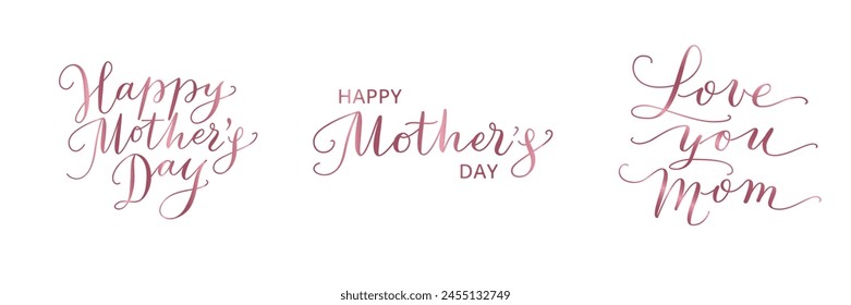 Happy mother's day hand written calligraphy. Love you Mom text. Pink letters isolated on transparent background. For mothers day greeting cards, banners, social media posts, invitations. Vector.