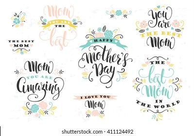 Happy Mothers Day handdrawn  lettering with flowers. Vector design element for cards, posters, gifts and other uses.