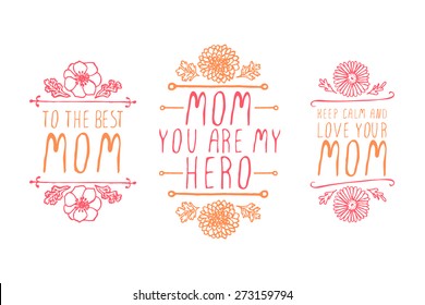 Happy mothers day handlettering elements with flowers on white background