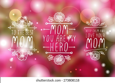 Happy mothers day handlettering elements with flowers on white background