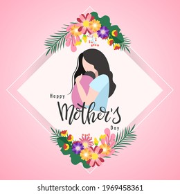 Happy Mother's day handwriting calligraphy Symbols with Mother holding a baby on white paper and  bunch of flowers pink heart  of love in mother day, Vector Illustration EPS 10 