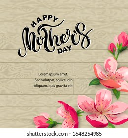 Happy Mother's day handwritten lettering with blossom sakura, cherry flowers. Place for text. Great for invites, flyer, bridal shower, poster, spring sale. Vector illustration