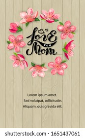 Happy Mother's day handwritten lettering with blossom sakura, cherry flowers. Place for text. Great for invites, flyer, bridal shower, poster, spring sale. Vector illustration
