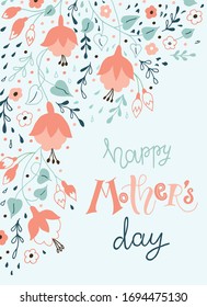 Happy Mother's Day handwritten text. Hand lettering, modern calligraphy, doodle style floral elements. Typography design for poster, greeting card, banner, print. Vector illustration of flowers  