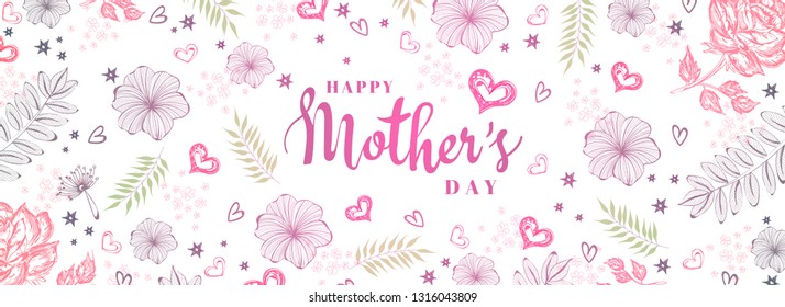 Happy Mother's Day header or banner design decorated with memphis style florals and heart shapes.