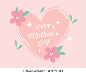 happy mothers day, heart decorative flowers foliage ornament card vector illustration