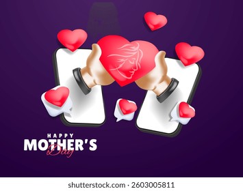 happy mother's day with heart love and phone template 3d modern vector design