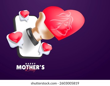 happy mother's day with heart love hand gesture and phone template 3d modern vector design