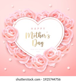 Happy mother's day heart shape card banner pink elegant rose flower ring and pearl with girlish pink gradient background