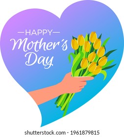 Happy Mother's Day. Heart shaped typographical design with flower bouquet. Greeting card. vector