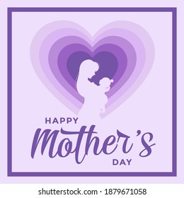 Happy Mother`s Day. Holding a Baby in Mother's Arms. Purple heart. Happy Mother`s Day text. Vector Illustration  