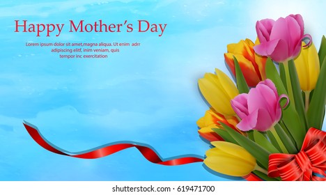 Happy Mother's Day. Holiday background with bunch of tulips, red ribbon bow on bright blue background. Artistic design template for greeting card, poster, invitation, banner.  vector illustration.

