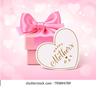 Happy Mother's Day. Holiday background with pink gift box, bow and heart tag. Mothers Day background. Vector illustration