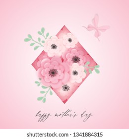 Happy Mothers Day Holiday Banner. Mother Day Greeting Card Hello Spring Paper Cut Design with Flowers and Floral Elements Typography Poster. Vector illustration