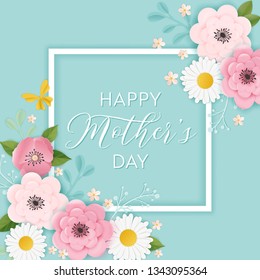 Happy Mothers Day Holiday Banner. Mother Day Greeting Card Hello Spring Paper Cut Design with Flowers and Butterfly Typography Postcard. Vector illustration