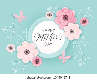 Happy Mothers Day Holiday Banner. Mother Day Greeting Card Hello Spring Paper Cut Design with Flowers and Butterfly Typography Postcard. Vector illustration