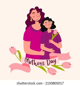 Happy Mothers Day holiday banner template with mom and daughter and lettering Vector