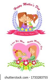 Happy mother's day is holiday for celebrate about mother. cute cartoon of mother and her daughter in flat vector style for background, graphic,content , banner, sticker label and greeting card