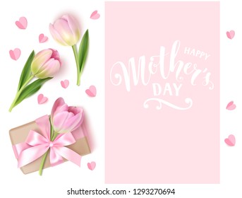 Happy Mother's Day. Holiday design template. Calligraphic lettering text with decorative gift box and tulip flowers. Vector illustration