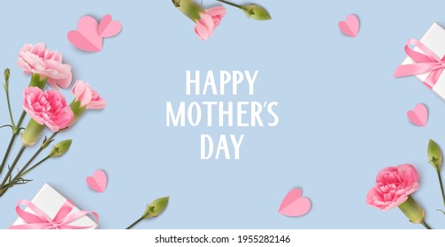 Happy Mothers day. Holiday design template with realistic pink carnation flowers, gift box and paper hearts on blue background. Spring banner. Vector stock illustration.