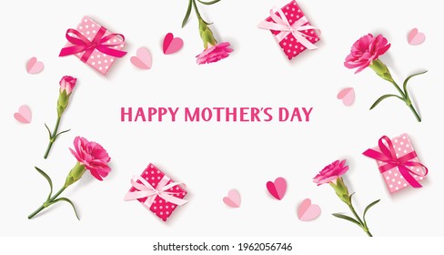 Happy Mothers day. Holiday design template with realistic pink carnation flowers, gift box and paper hearts on pink background. Spring banner. Vector stock illustration.