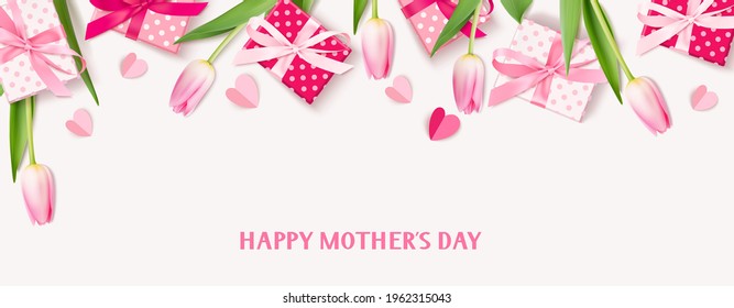 Happy Mothers Day. Holiday design template. Greeting text with decorative gift box, pink tulip flowers and paper hearts. Spring banner. Flat lay. Vector stock illustration