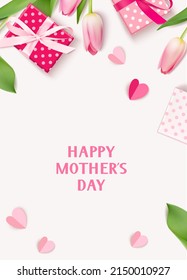 Happy Mothers Day. Holiday design template. Greeting text with decorative gift box, pink tulip flowers and paper hearts. Spring banner. Flat lay. Vector stock illustration