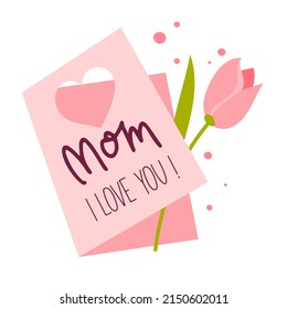 Happy Mothers Day holiday greeting card sticker with lettering Mom I Love You Vector 