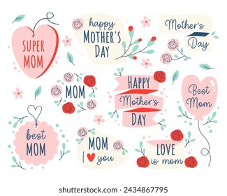 Happy mothers day holiday greetings hand drawn stickers and badges with flowers, hearts shapes and balloons design set vector illustration. Postcards with inscription for parent congratulation