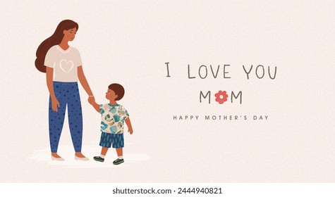 Happy Mother's Day holiday illustration for postcards,banners,greeting cards and more. Mom and son. Background with a grainy texture.