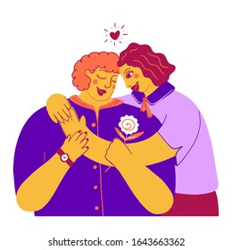 Happy Mothers Day holiday love postcard with lettering. Daughter hugs beloved mother. Two women hugging. Web banner, print for t-shirt, cards, poster. Vector greeting colorful illustration