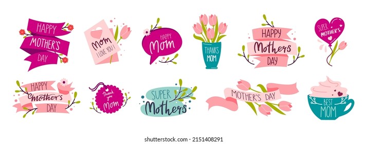 Happy Mothers Day holiday sticker template set with Lettering Vector 