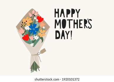 Happy Mother's day holiday vector illustration with flowers and lettering. Spring holiday design template for greeting card, poster, invitation. Hand drawn trendy elements with flowers and leaves.