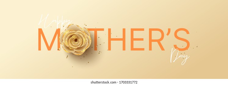 Happy Mother's Day horizontal banner. Holiday greeting card with realistic 3d gentle flower with golden sand. Vector illustration with paper rose and gold confetti.