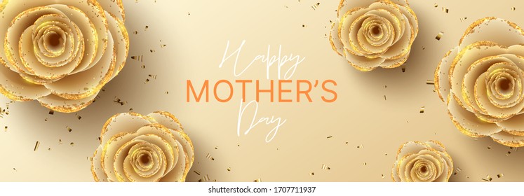 Happy Mother's Day horizontal banner. Holiday greeting card with realistic 3d gentle flowers with golden sand. Vector illustration with paper roses and gold confetti.