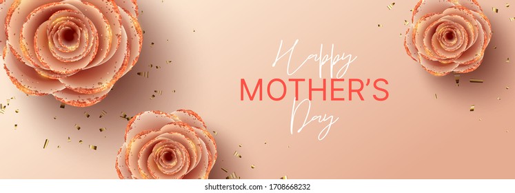 Happy Mother's Day horizontal banner template. Holiday greeting card with realistic 3d gentle flowers with golden sand. Vector illustration with pink paper roses and gold confetti.