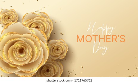 Happy Mother's Day horizontal banner. Holiday greeting card with realistic 3d gentle flowers with golden sand. Vector illustration with paper roses and gold confetti.