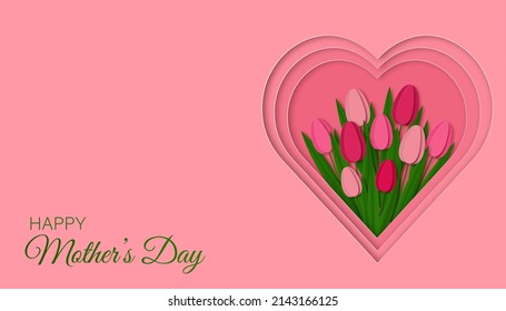 Happy Mother's Day horizontal banner. Beautiful tulips on pink heart shape background. Vector illustration in paper cut style.